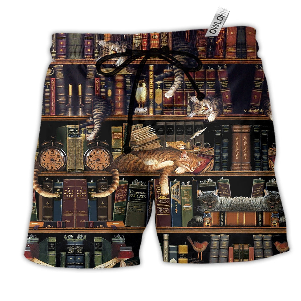 Book And Cat Sleep Hawaiian Print Beach Shorts For Wildlife Inspired Summer Style