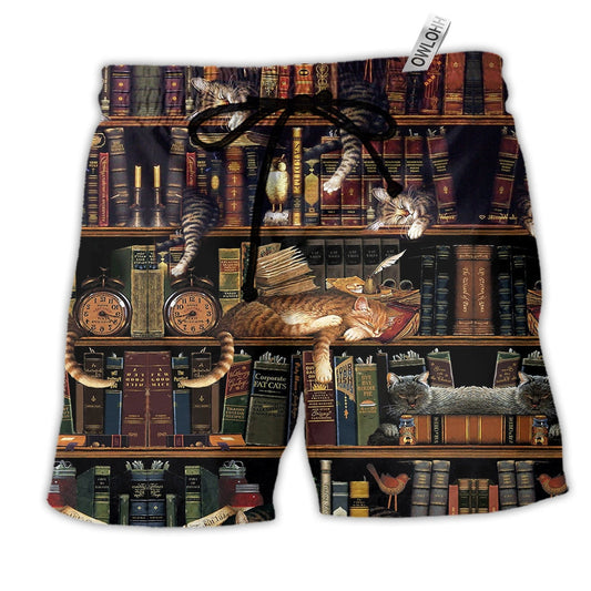 Book And Cat Sleep Hawaiian Print Beach Shorts For Wildlife Inspired Summer Style