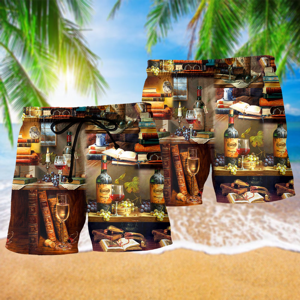 Books And Fine Drink Lover Beach Shorts Pattern View For Weekend Trips And Outdoor Activities