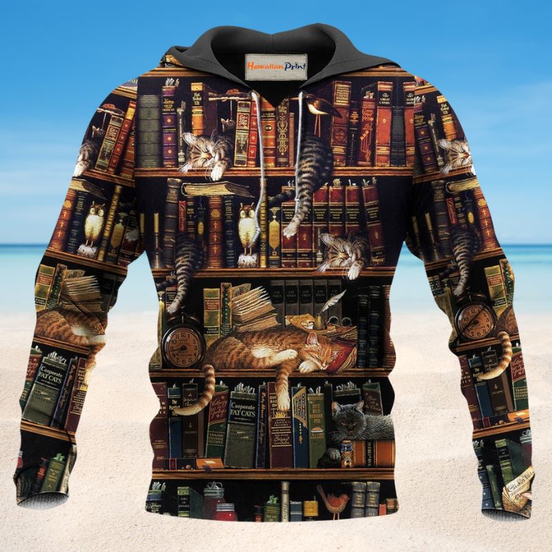Book Cat Sleeping Bookshelf Hoodie For Animal Artwork Fans Seasonal Events And Gift Giving