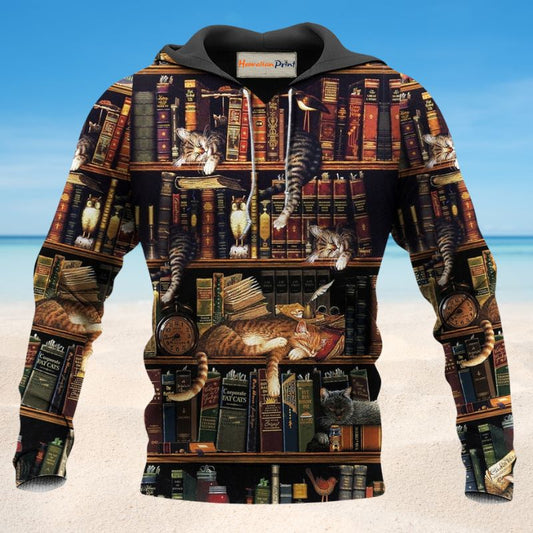 Book Cat Sleeping Bookshelf Hoodie For Animal Artwork Fans Seasonal Events And Gift Giving