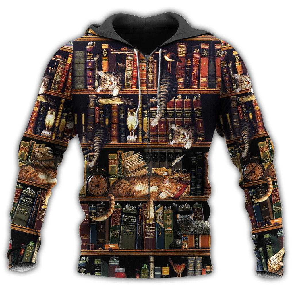 Book Cat Sleeping Bookshelf Hoodie For Animal Artwork Fans Seasonal Events And Gift Giving