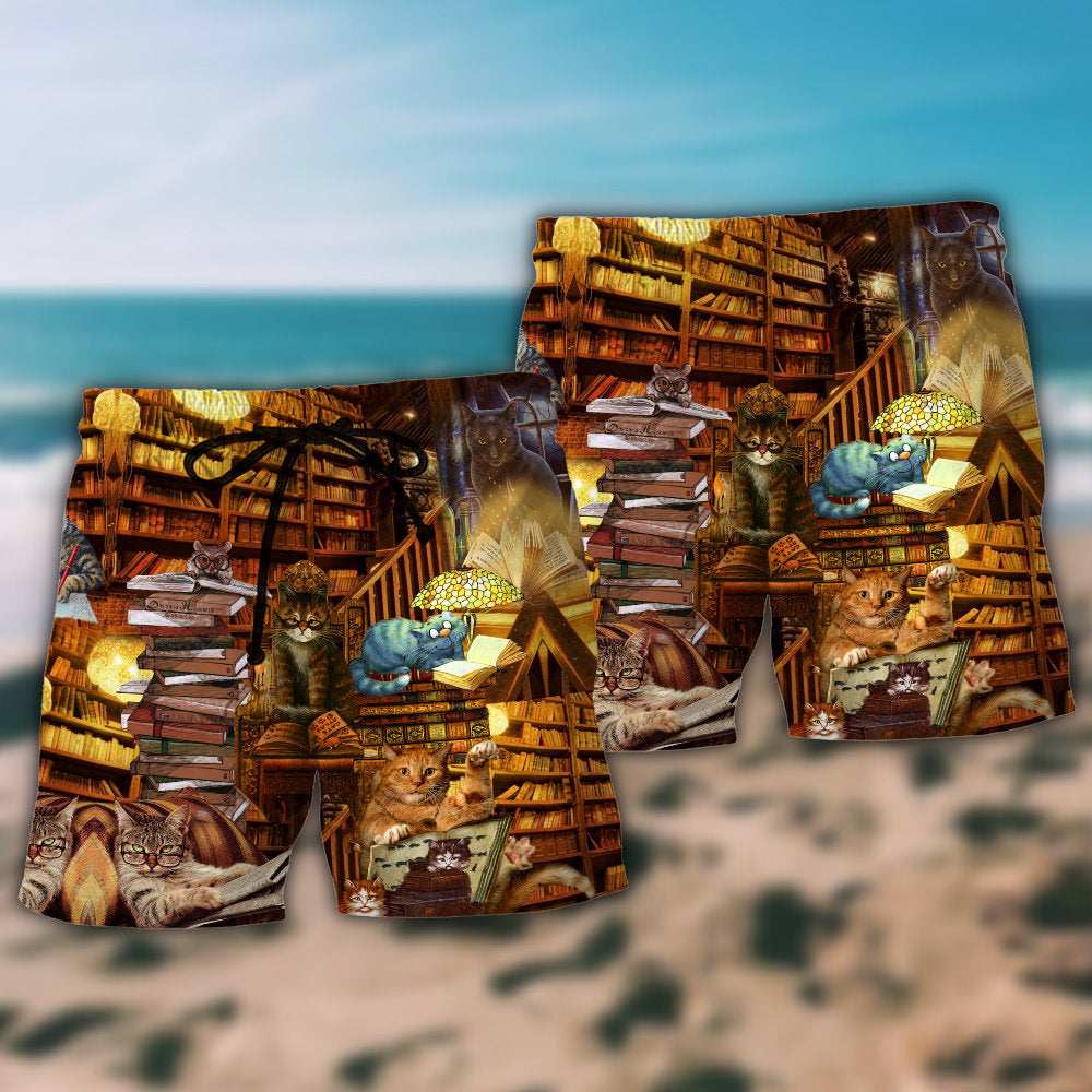 Book Cat Reading Vintage Beach Shorts Pattern Detail For Seaside Leisure And Weekend Casual Style