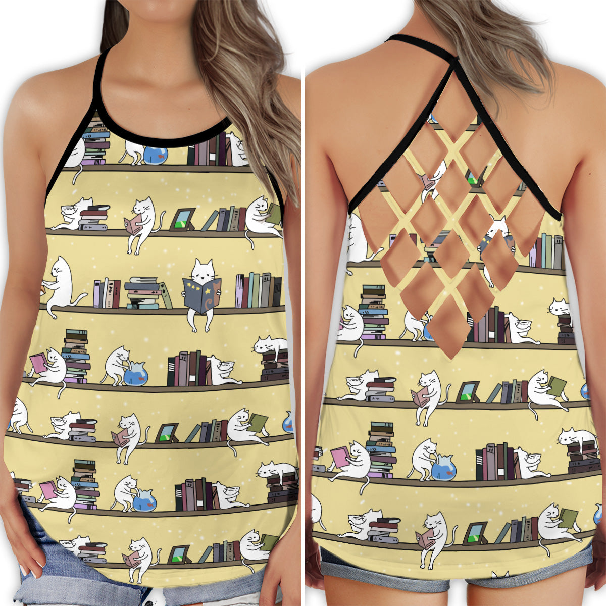 Book Lover Cat Reading Hollow Tank Top For Yoga Workouts And Casual Wear
