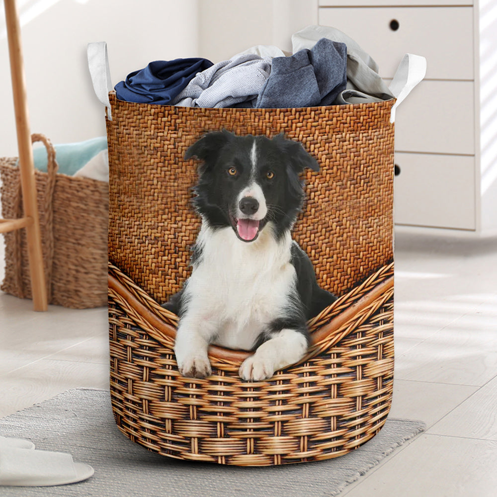 Border Collie Dog Rattan Texture Laundry Basket For Room Home Organizer