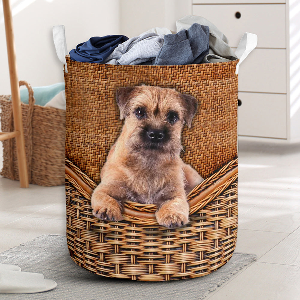 Border Terrier Dog Rattan Texture Laundry Basket For Room Home Organizer