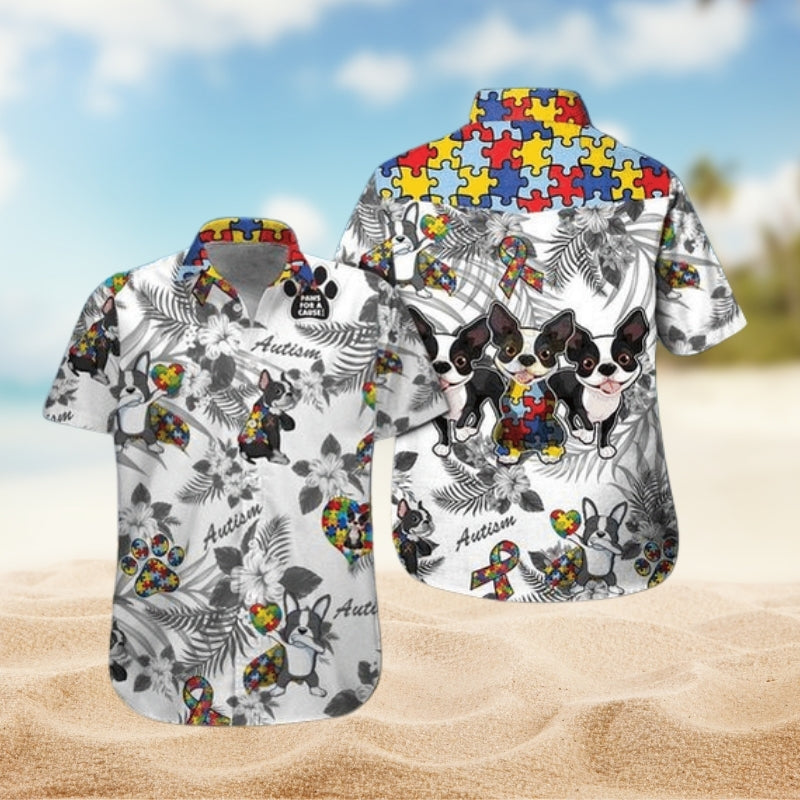 Boston Terrier Autism Awareness Hawaiian Shirt For Cruise Journey, Beachside Event, And Coastal Casual Wear