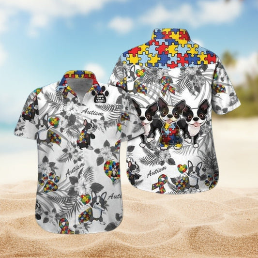Boston Terrier Autism Awareness Hawaiian Shirt For Cruise Journey, Beachside Event, And Coastal Casual Wear