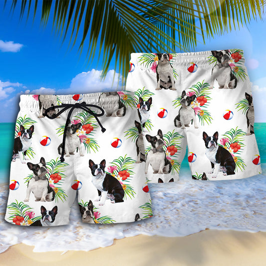 Boston Terrier Tropical Floral Dog Beach Shorts Artwork Detail For Comfortable Everyday Summer Wear