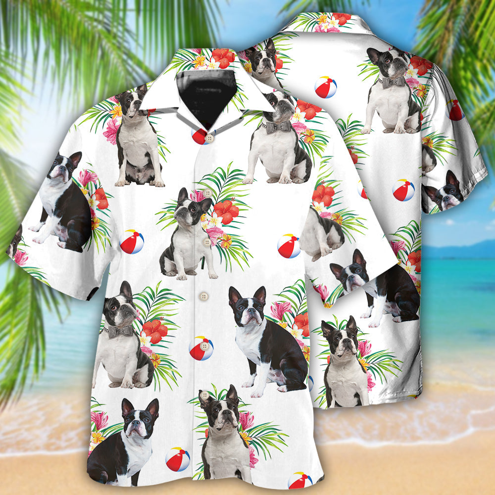 Floral Tropical Boston Terrier Hawaiian Shirt For Summer Vacation, Beach Travel, And Casual Wear