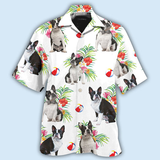 Floral Tropical Boston Terrier Hawaiian Shirt For Summer Vacation, Beach Travel, And Casual Wear