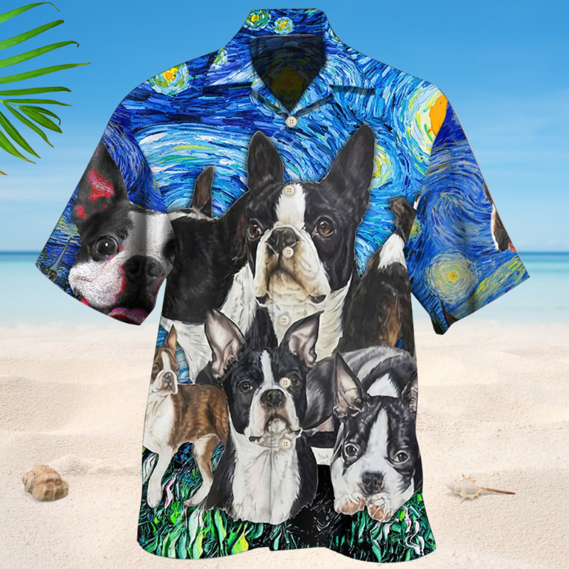 Creative Boston Terrier Starry Sky Hawaiian Shirt For Resort Trips, Coastal Parties, And Warm Weather Style