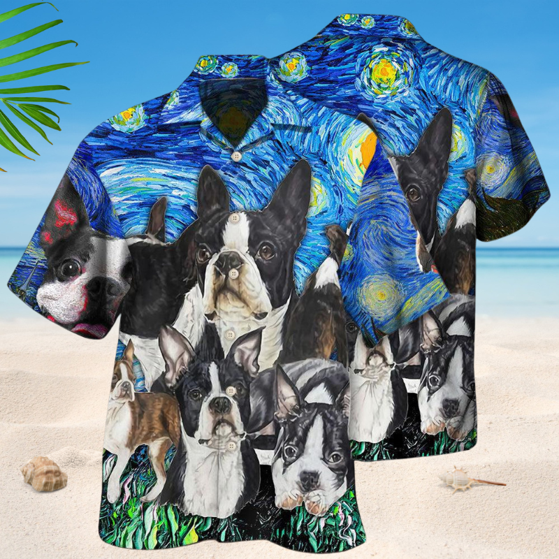 Creative Boston Terrier Starry Sky Hawaiian Shirt For Resort Trips, Coastal Parties, And Warm Weather Style