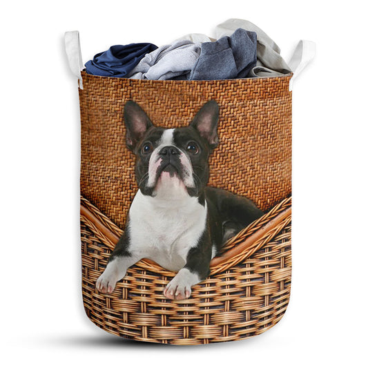Small Size Boston Terrier Dog Rattan Texture Laundry Basket For Bathroom Bedroom Storage