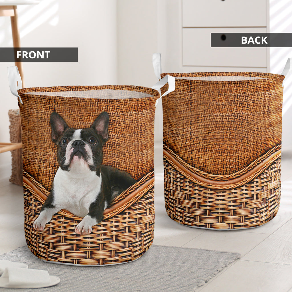 Boston Terrier Dog Rattan Texture Laundry Basket For Room Home Organizer