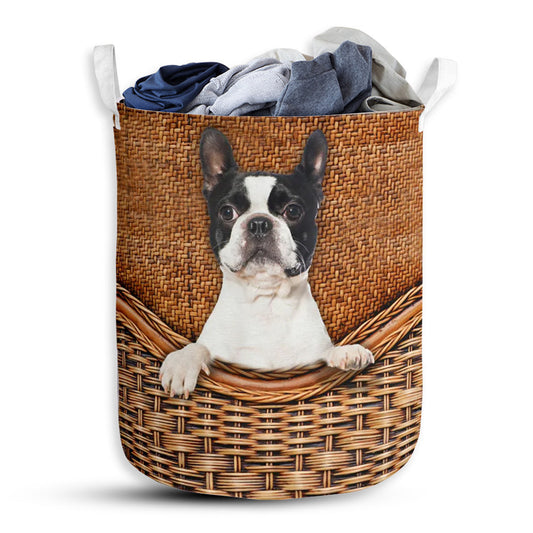 Small Size Boston Terrier Dog Rattan Texture Style Laundry Basket For Bathroom Bedroom Storage