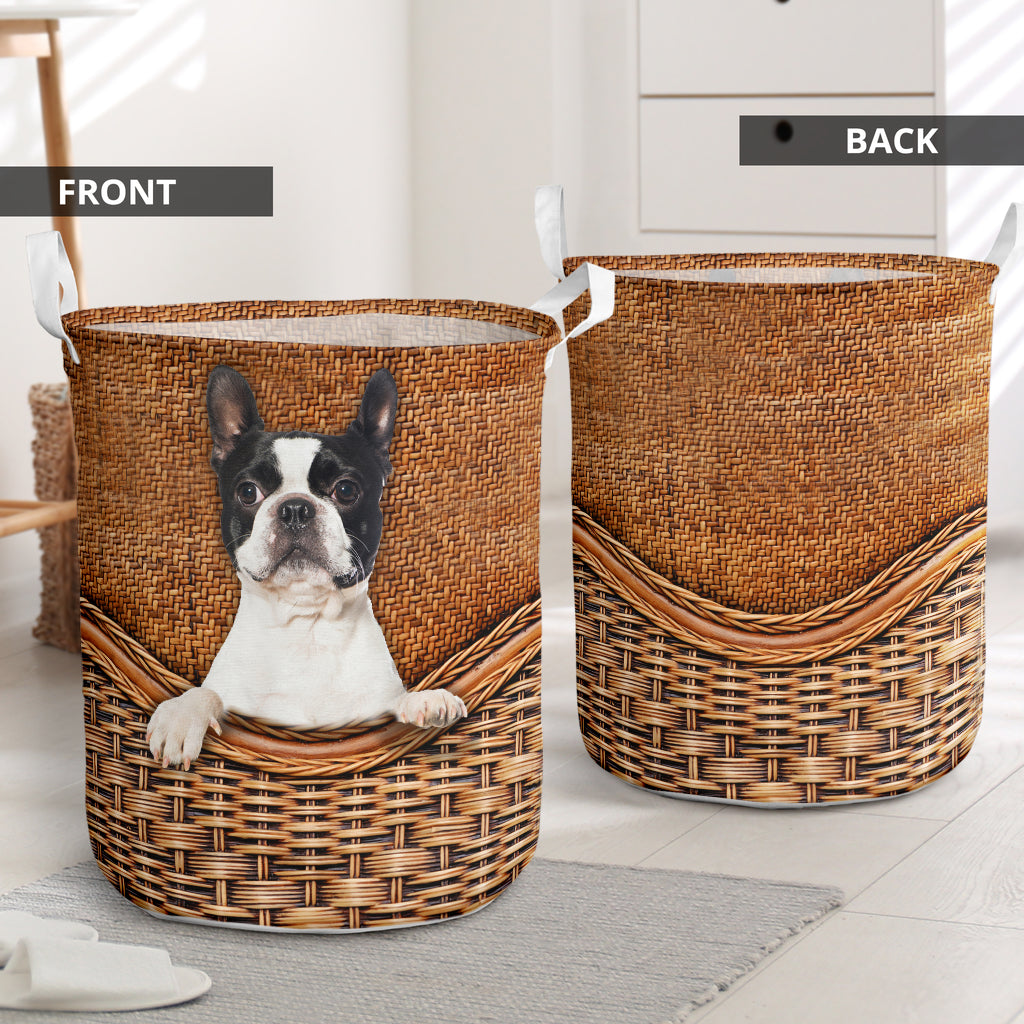 Boston Terrier Dog Rattan Texture Style Laundry Basket For Room Home Organizer