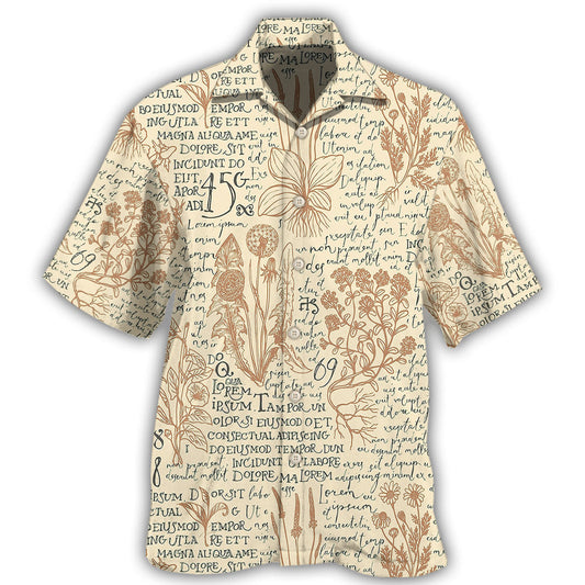 Botany Writing Nature Inspired Hawaiian Shirt For Summer Vacation, Beach Travel, And Casual Wear