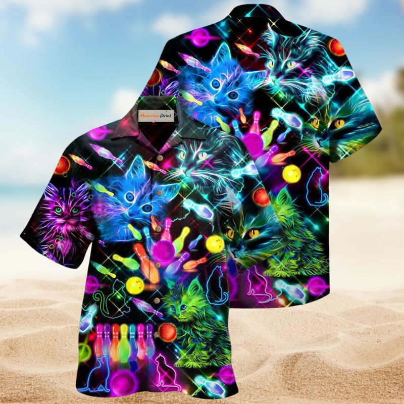 Bowling Cats Rolling Hawaiian Shirt For Summer Vacation, Beach Travel, And Casual Wear