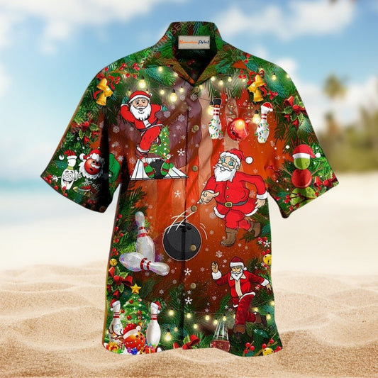 Santa Bowling Celebration Hawaiian Shirt For Holiday Gatherings Beach Travel And Relaxed Summer Style
