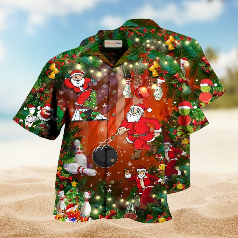Santa Bowling Celebration Hawaiian Shirt For Holiday Gatherings Beach Travel And Relaxed Summer Style