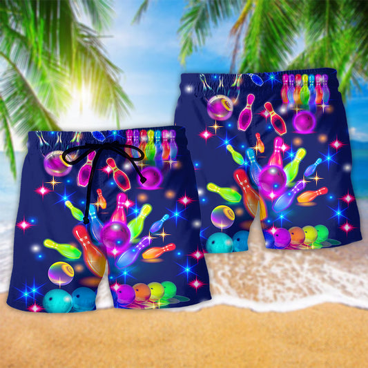 Bowling Rainbow Neon Beach Shorts Artwork Detail For Casual Warm Weather Outfits