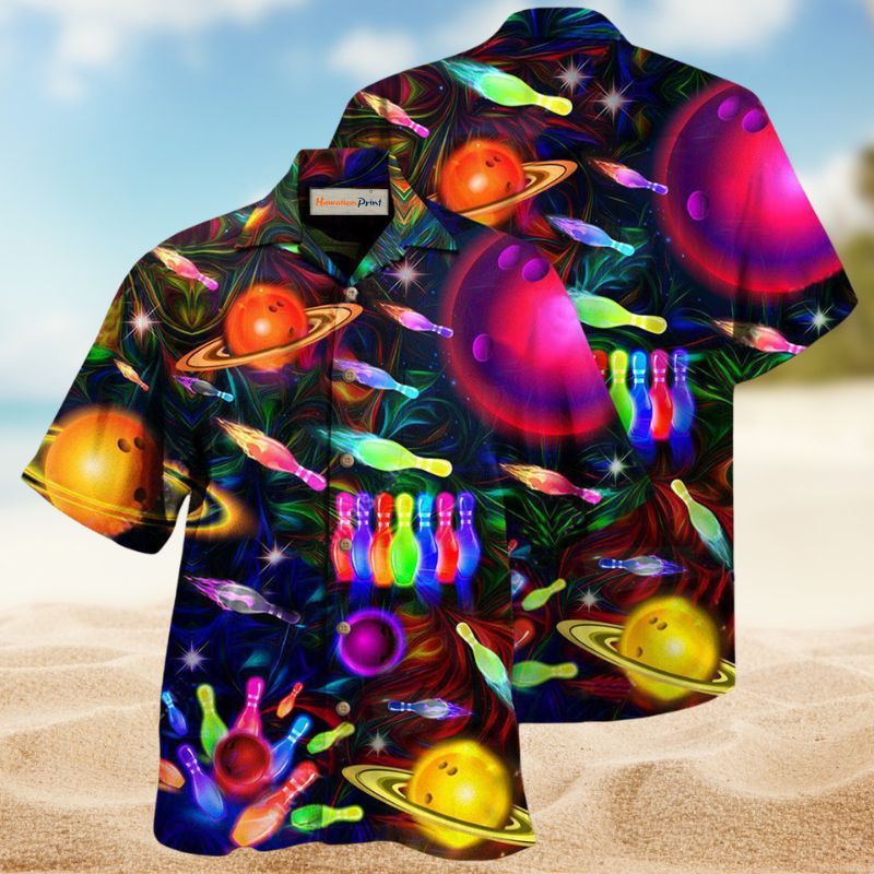 Bowling Space Strike Hawaiian Shirt For Summer Vacation, Beach Travel, And Casual Wear