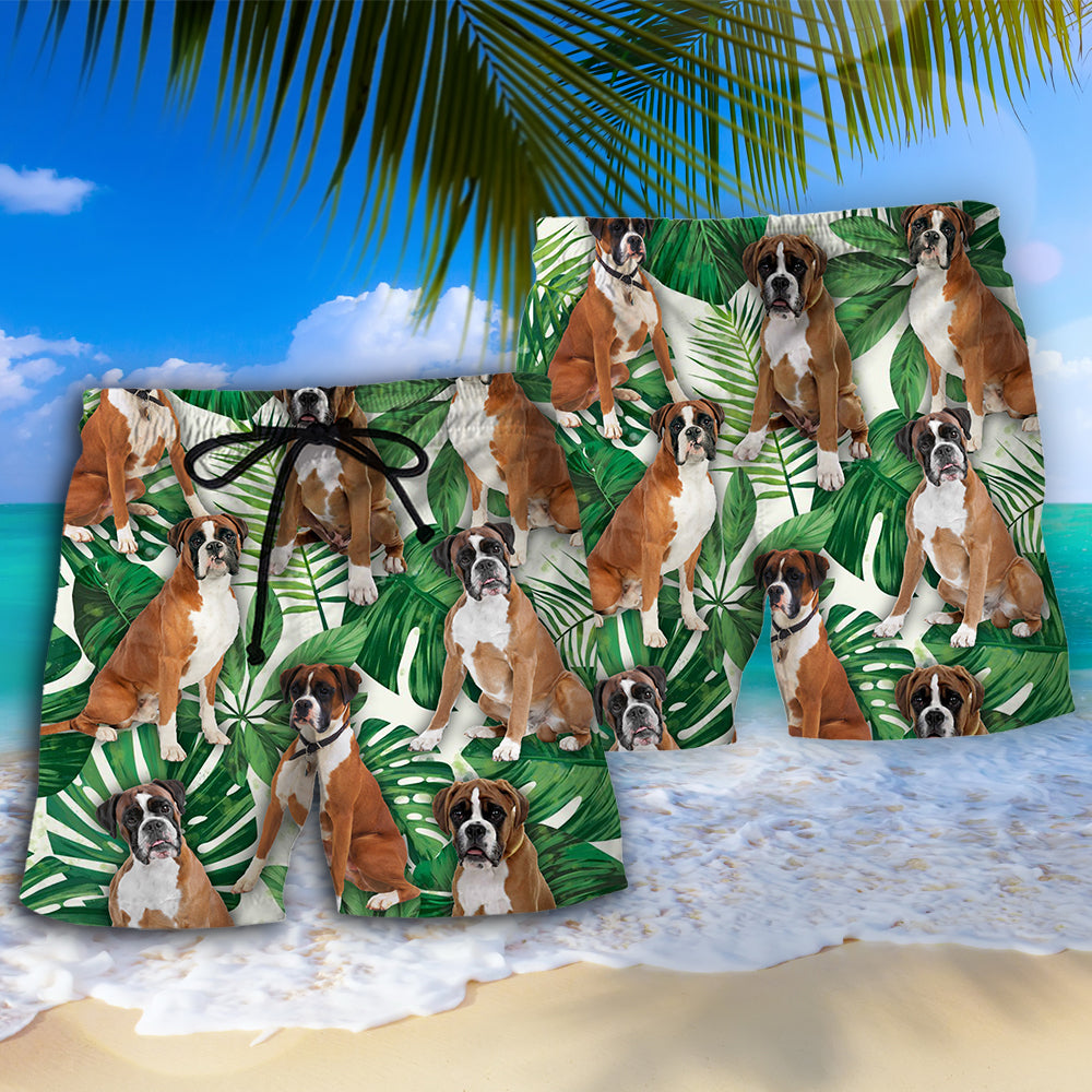 Boxer Dog Tropical Leaf Beach Shorts Pattern View For Coastal Holidays And Casual Activities