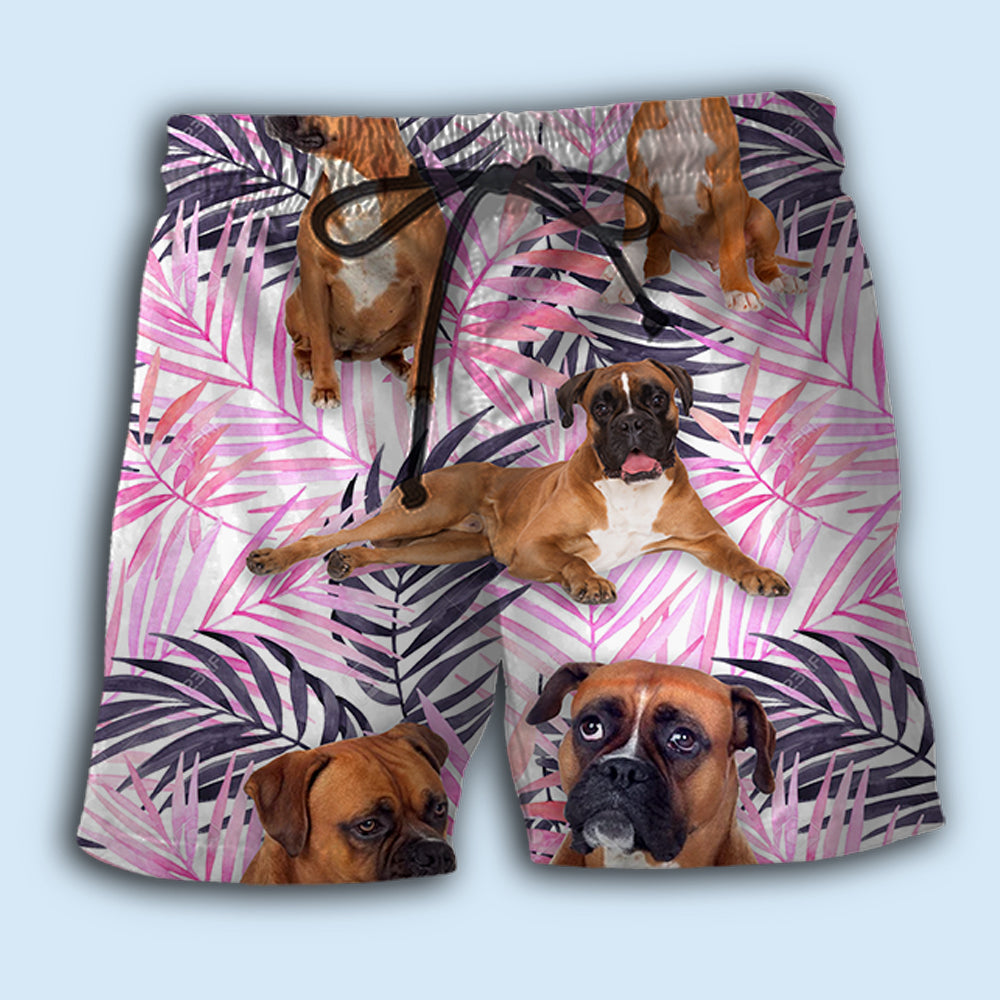 Boxer Dog Tropical Leaf Beach Shorts Artwork Detail For Comfortable Everyday Summer Wear
