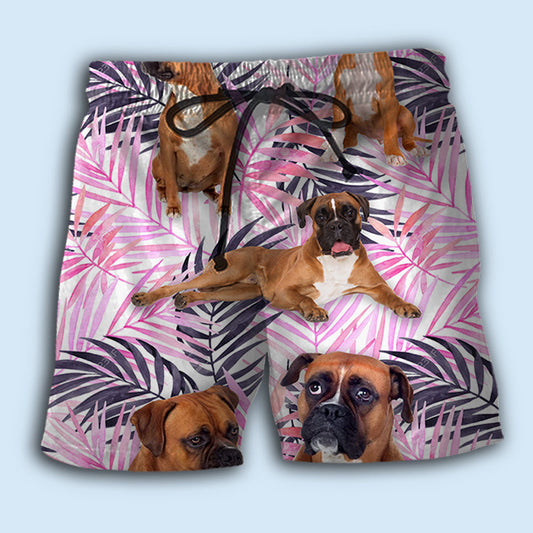 Boxer Dog Tropical Leaf Beach Shorts Artwork Detail For Comfortable Everyday Summer Wear