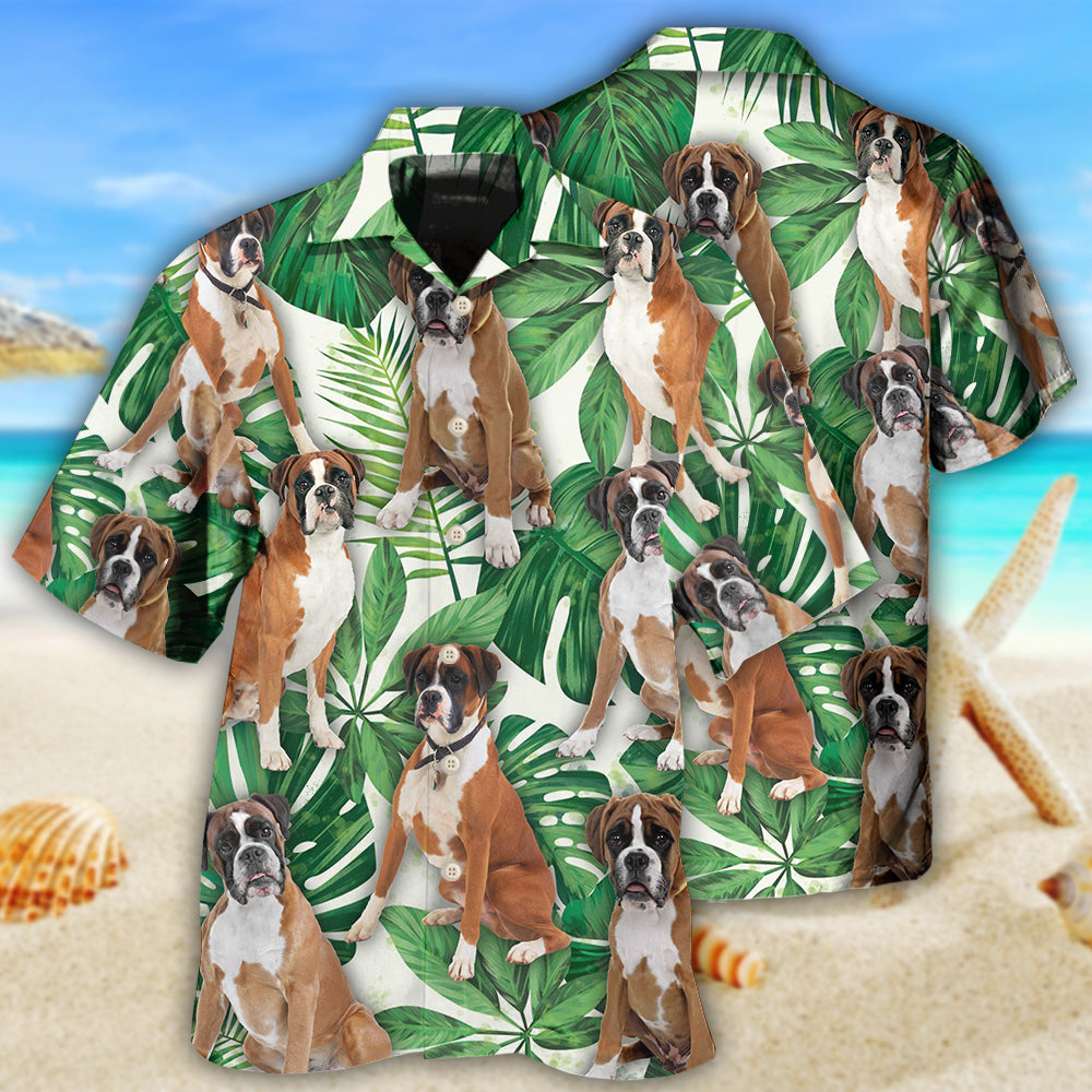 Tropical Boxer Dog Leaf Pattern Hawaiian Shirt For Resort Trips, Coastal Parties, And Warm Weather Style