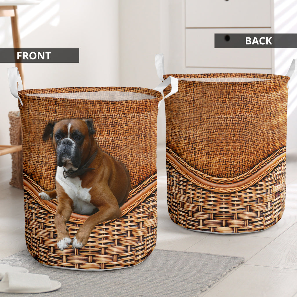 Boxer Dog Rattan Texture Laundry Basket For Room Home Organizer