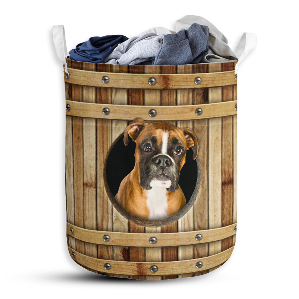 Small Size Boxer Dog Wooden Barrel Laundry Basket For Bathroom Bedroom Storage