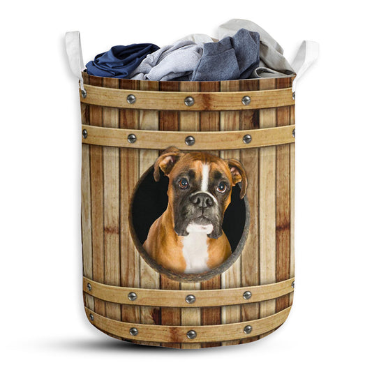 Small Size Boxer Dog Wooden Barrel Laundry Basket For Bathroom Bedroom Storage