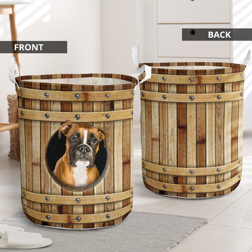 Boxer Dog Wooden Barrel Laundry Basket For Room Home Organizer