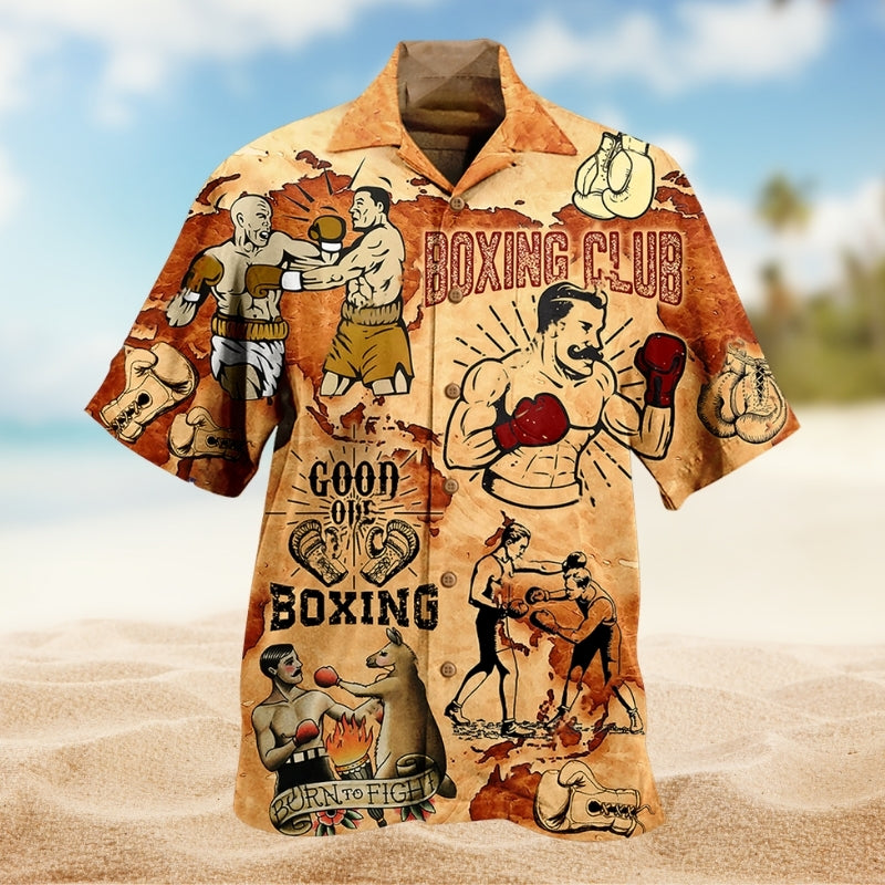 Boxing Creative Pattern Hawaiian Shirt For Resort Trips, Coastal Parties, And Warm Weather Style