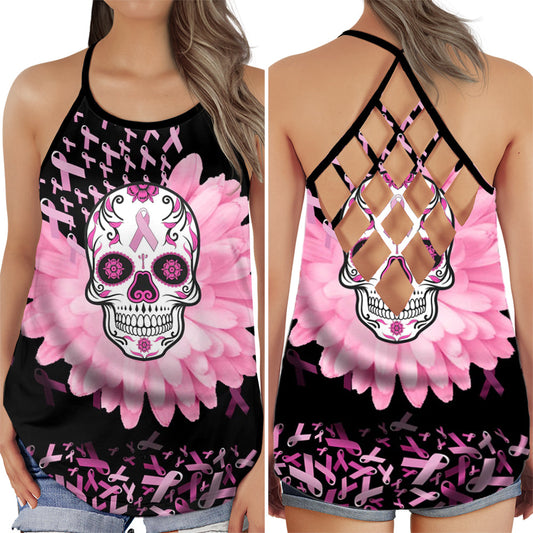Breast Cancer Strong Skull Theme Hollow Tank Top For Community Events And Positive Support