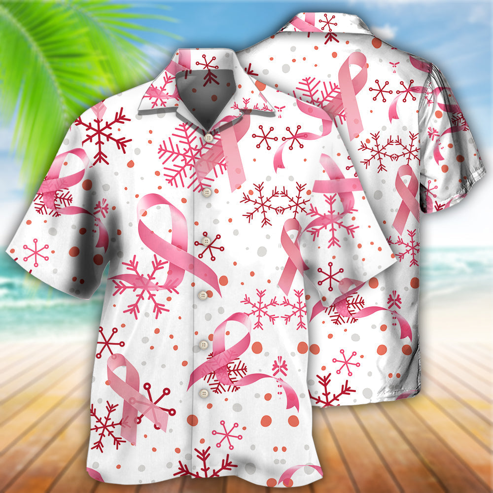 Breast Cancer Pink Ribbon Christmas Hawaiian Shirt For Winter Celebrations, Beach Travel, And Relaxed Holiday Wear