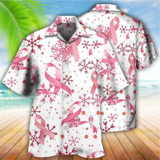 Breast Cancer Pink Ribbon Christmas Hawaiian Shirt For Winter Celebrations, Beach Travel, And Relaxed Holiday Wear