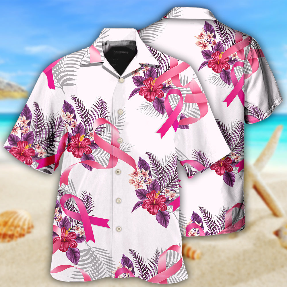 Floral Tropical Breast Cancer Pattern Hawaiian Shirt For Tropical Holidays, Outdoor Gatherings, And Everyday Comfort