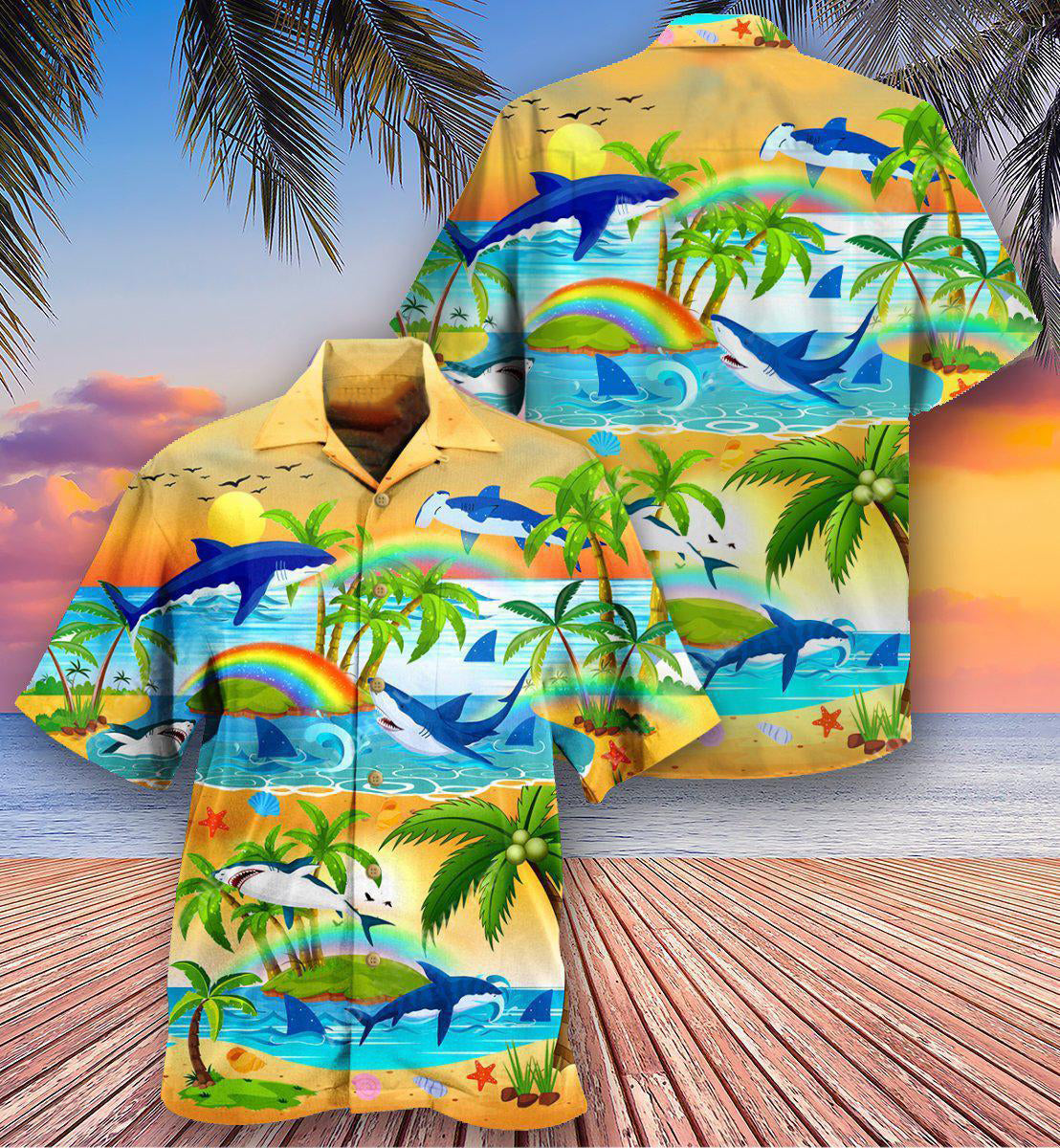 Rainbow Shark Bright Sharks Hawaiian Shirt Artwork Detail For Tropical Trips And Casual Outings