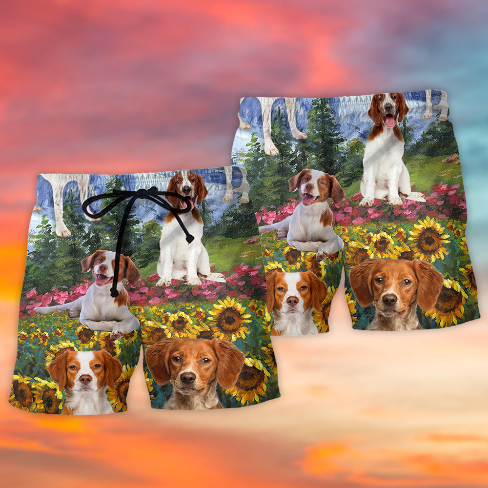 Brittany Spaniel Scenic Landscape Beach Shorts For Summer Vacation And Coastal Travel