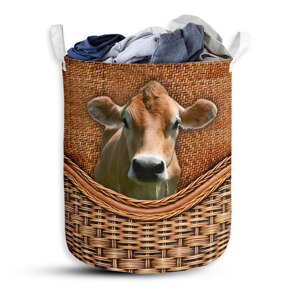 Small Size Cow Lover Brown Swiss Cow Rattan Texture Laundry Basket For Bathroom Bedroom Storage