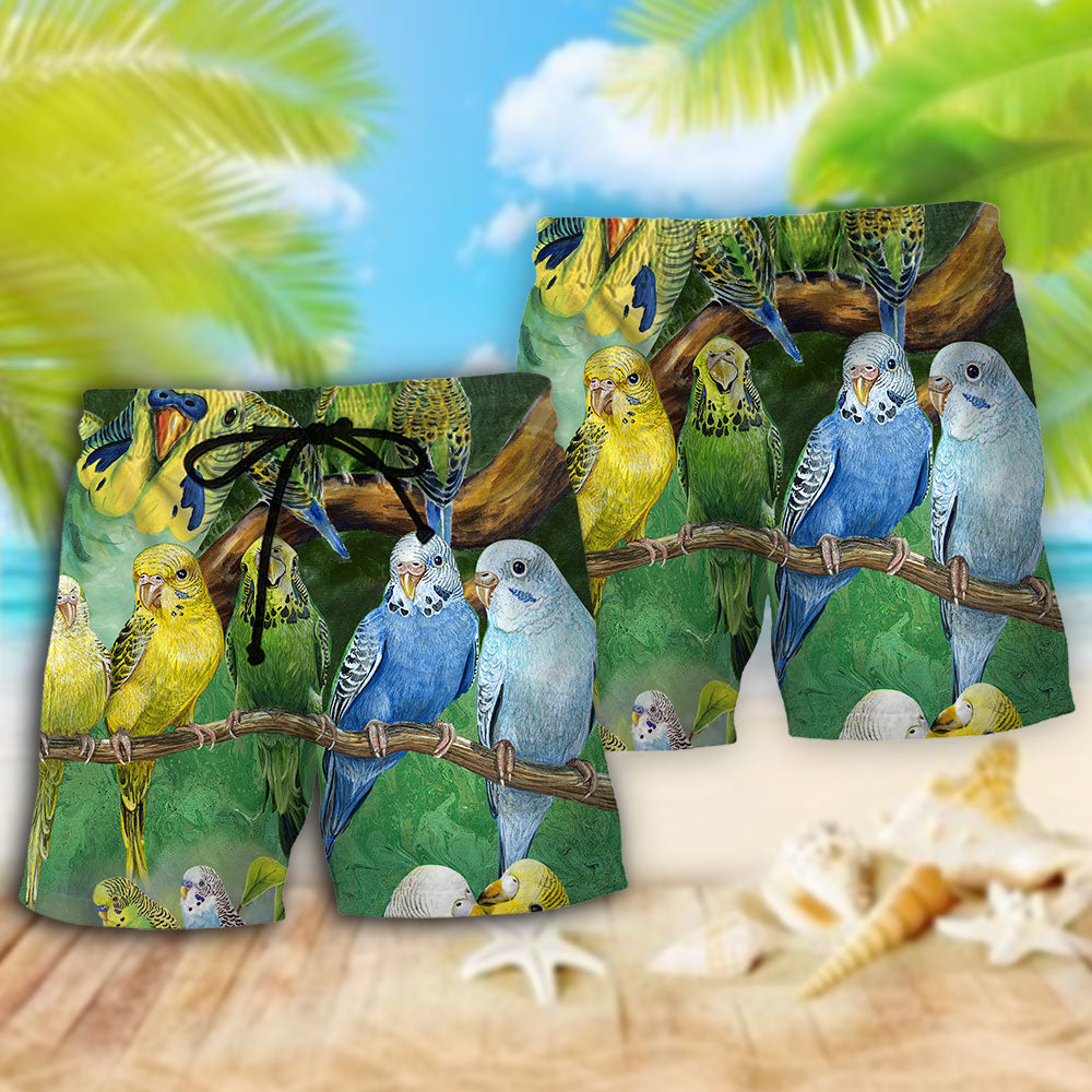 Lovely Budgie Parrot Beach Shorts Artwork Detail For Tropical Travel And Everyday Wear