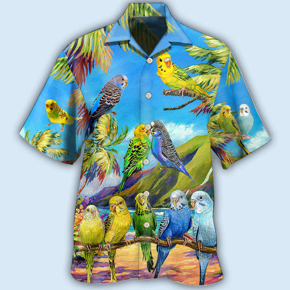 Elegant Budgie Landscape Hawaiian Shirt For Resort Trips, Coastal Parties, And Warm Weather Style