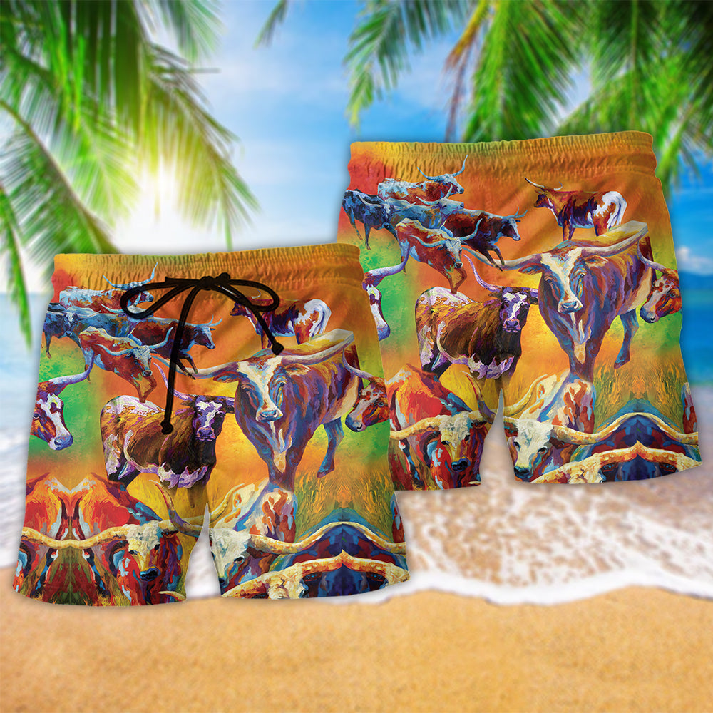 Buffalo Colorful Painting Beach Shorts Pattern Detail For Seaside Leisure And Memorable Gift Ideas