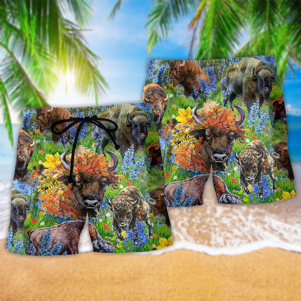 Buffalo Floral Field Animal Beach Shorts Pattern Detail For Cruise Vacations And Lightweight Summer Style