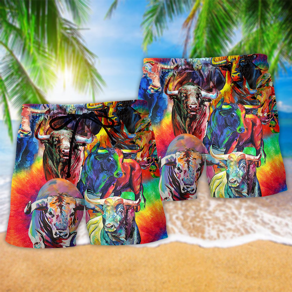 Bull Animals Colorful Bulls Hawaiian Print Beach Shorts For Tropical Holidays And Weekend Adventures