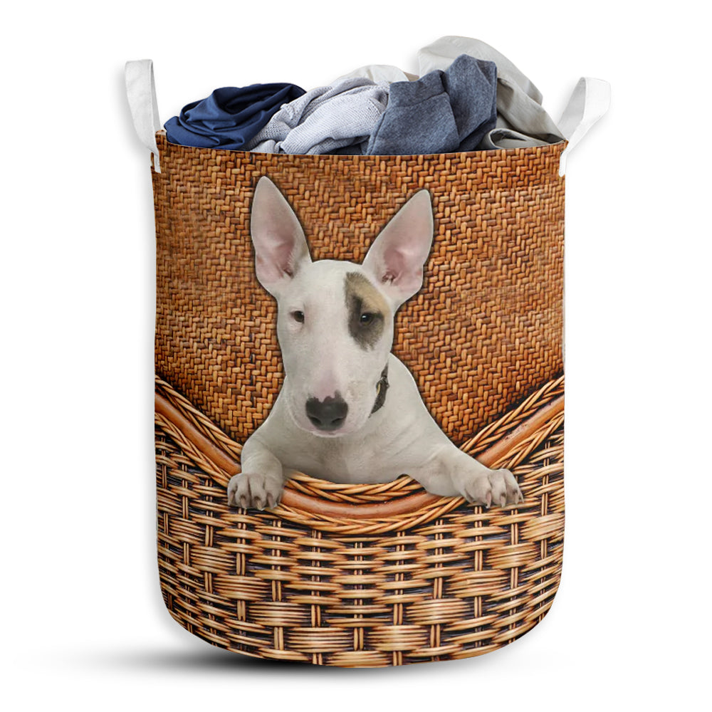 Small Size Bull Terrier Dog Rattan Texture Laundry Basket For Bathroom Bedroom Storage