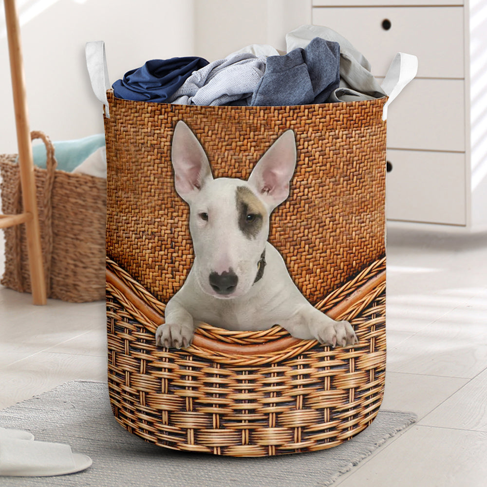 Bull Terrier Dog Rattan Texture Laundry Basket For Room Home Organizer